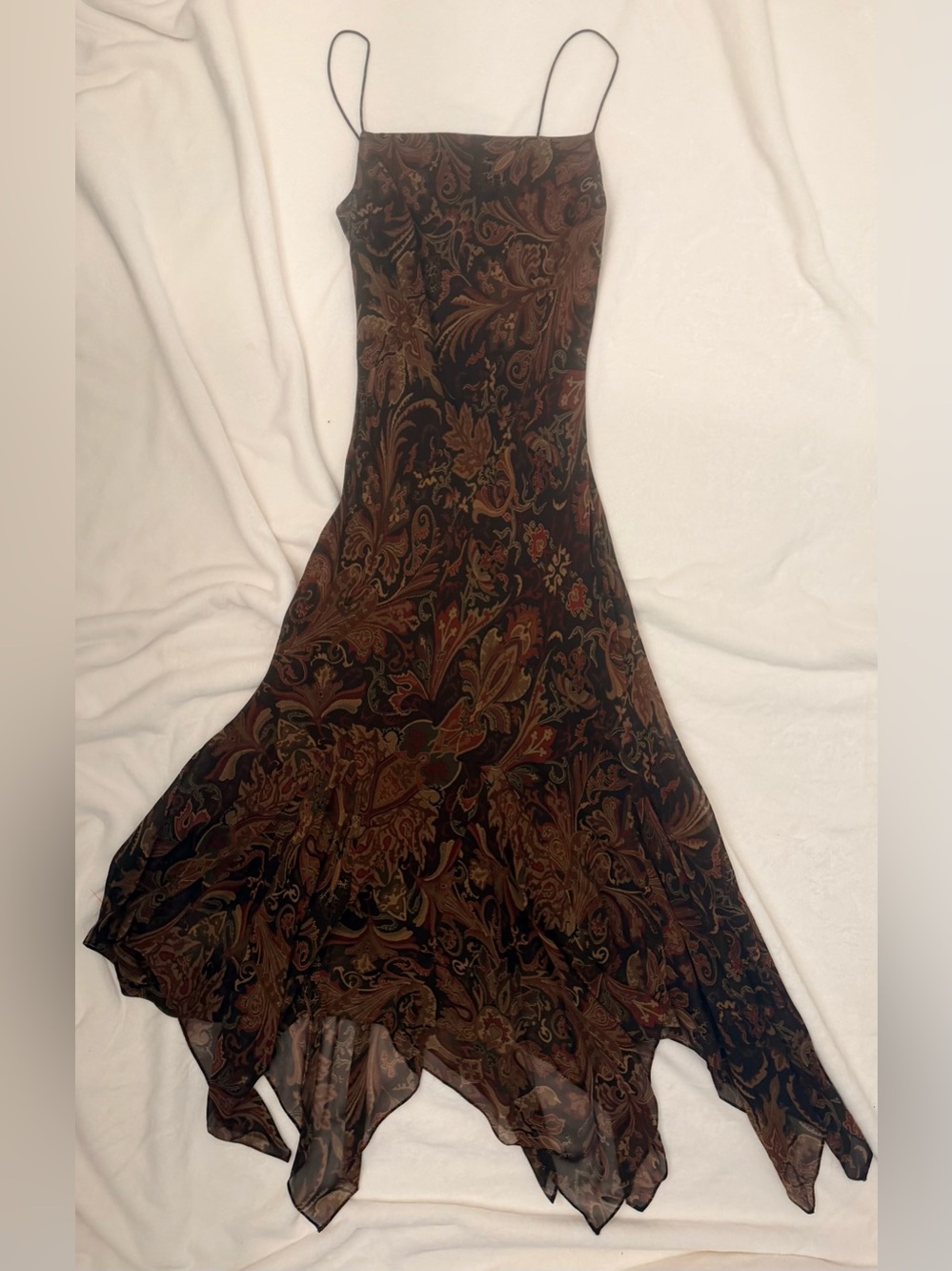Vintage Lauren Ralph Lauren 100% Silk Paisley Slip Dress Brown Handkerchief Hem